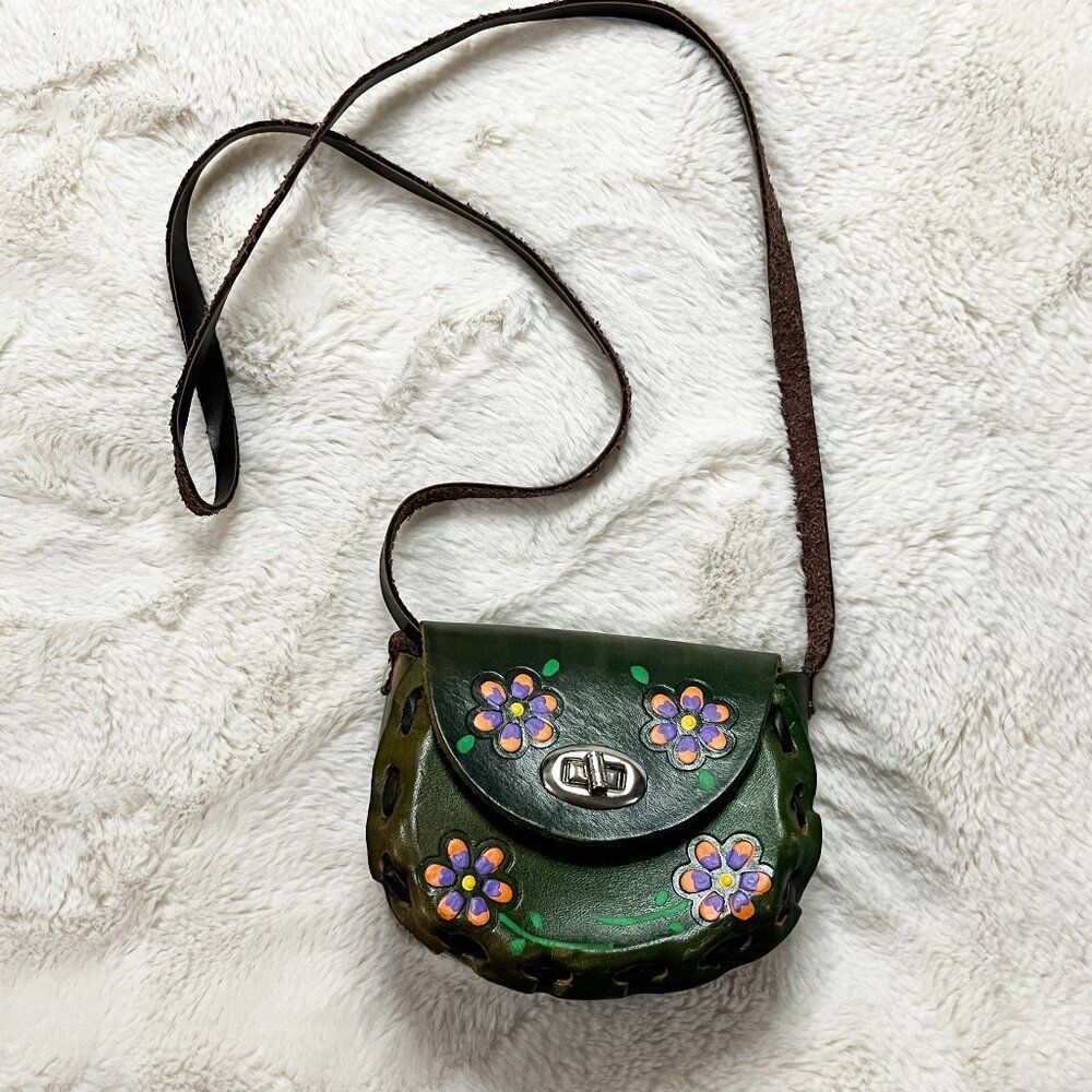 Made in Mexico Green Leather Floral Colorful Tooled Mini Crossbody Bag - Picture 1 of 15